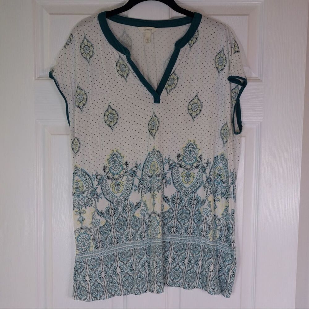 Soma Teal White Boho Paisley Tunic Top Split Neck Short Sleeve Size XL